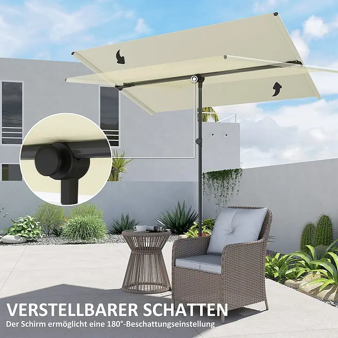 Outsunny Marktschirm - Beige - Verstellbarer beiger Terrassenschirm mit dunklem Gestell, spendet Schatten für Sitzgelegenheiten. Detailansicht des Gelenks.