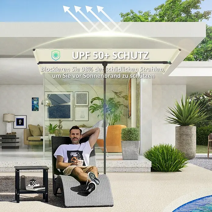 Outsunny Marktschirm - Beige - Beige Markise mit UPF 50+ Sonnenschutz über einer modernen Terrasse, auf der ein Mann entspannt, blockiert 98% der schädlichen UV-Strahlen.