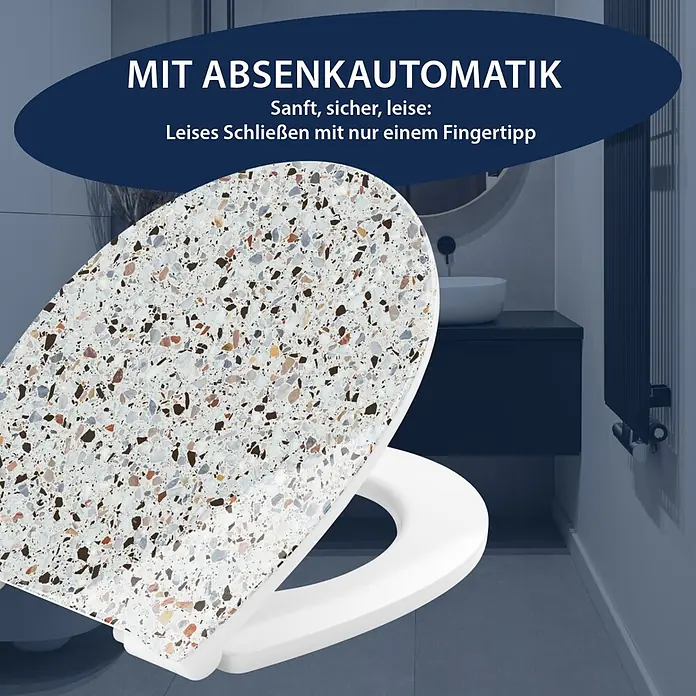 Poseidon WC-Sitz Maremma - Duroplast, Maremma, Mit Absenkautomatik - Weißer Toilettensitz mit Terrazzo-Deckel und Absenkautomatik im Bad.