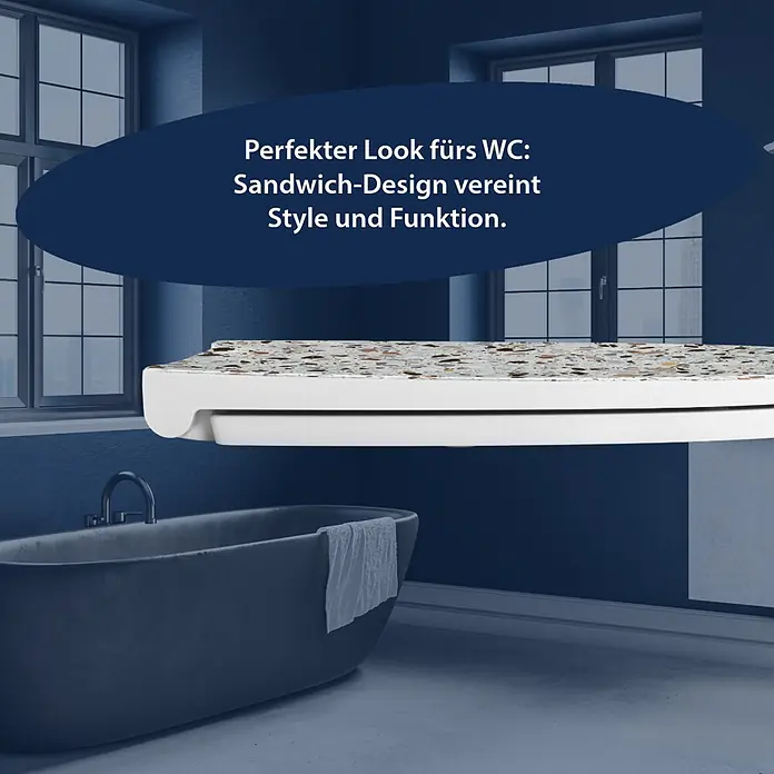 Poseidon WC-Sitz Maremma - Duroplast, Maremma, Mit Absenkautomatik - Toilettensitzdeckel mit gesprenkeltem Terrazzo-Muster in einem modernen Badezimmer.