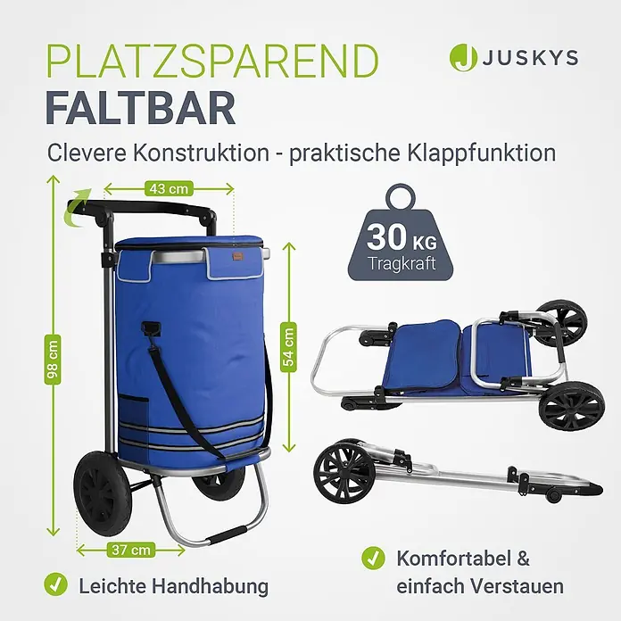 Juskys Einkaufstrolley Einkaufstrolley - L x B x H: 43 x 37 x 98 cm, Traglast: 30 kg, blau - Blauer faltbarer Einkaufstrolley mit Metallrahmen und Rädern, entfaltet mit Maßen und kompakt gefaltet dargestellt. 30 kg Tragkraft.