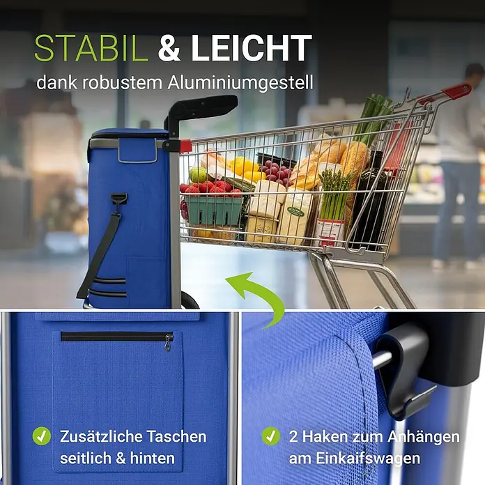 Juskys Einkaufstrolley Einkaufstrolley - L x B x H: 43 x 37 x 98 cm, Traglast: 30 kg, blau - Ein blauer Einkaufstrolley mit robustem Aluminiumgestell, der an einem Einkaufswagen im Supermarkt hängt. Er verfügt über seitliche und hintere Taschen und Befestigungshaken.