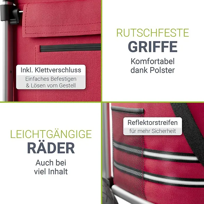 Juskys Einkaufstrolley Einkaufstrolley - L x B x H: 43 x 37 x 98 cm, Traglast: 30 kg, rot - Rote Einkaufswagentasche mit Klettverschluss, rutschfesten gepolsterten Griffen, leichtgängigen Rädern und reflektierenden Sicherheitsstreifen.