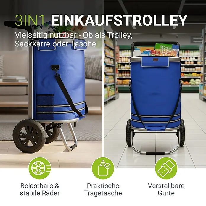 Juskys Einkaufstrolley Einkaufstrolley - L x B x H: 43 x 37 x 98 cm, Traglast: 30 kg, blau - Ein blauer 3-in-1 Einkaufstrolley, der vielseitig als Trolley, Sackkarre oder Tasche genutzt werden kann, mit stabilen Rädern und Gurten.