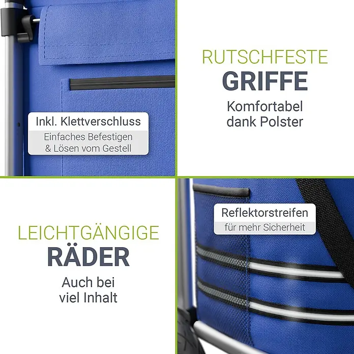 Juskys Einkaufstrolley Einkaufstrolley - L x B x H: 43 x 37 x 98 cm, Traglast: 30 kg, blau - Nahaufnahme eines blauen Einkaufstrolleys mit Klettverschluss, gepolsterten Griffen, leichtgängigen Rädern und Reflektorstreifen.