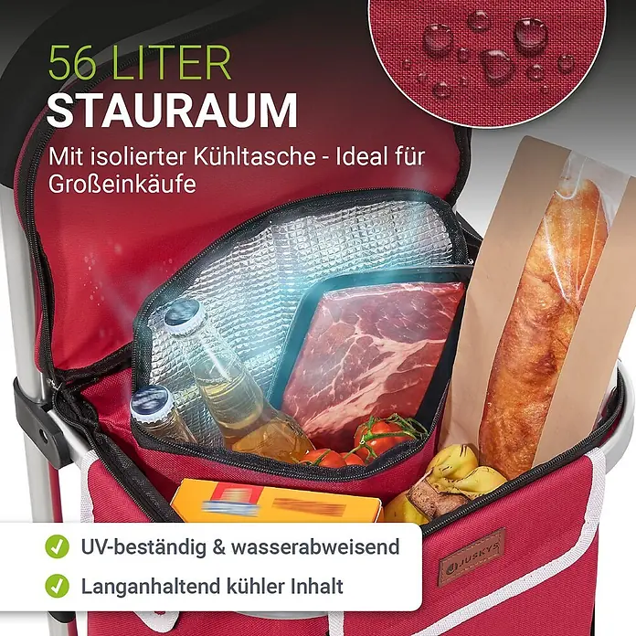 Juskys Einkaufstrolley Einkaufstrolley - L x B x H: 43 x 37 x 98 cm, Traglast: 30 kg, rot - Rote Einkaufstasche mit isoliertem Kühlfach, geöffnet und gefüllt mit Lebensmitteln.