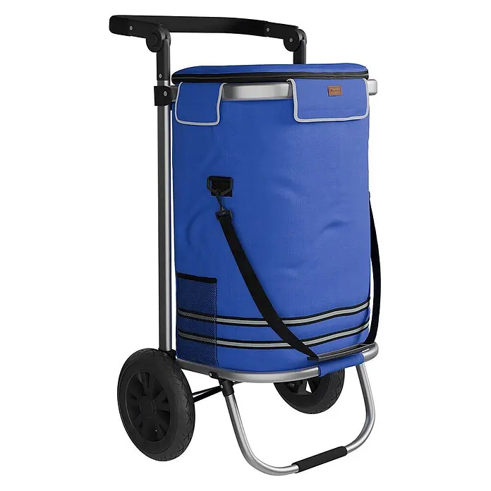 Juskys Einkaufstrolley Einkaufstrolley - L x B x H: 43 x 37 x 98 cm, Traglast: 30 kg, blau - Blauer isolierter Einkaufstrolley mit silbernem Rahmen, schwarzen Rädern und Griff.