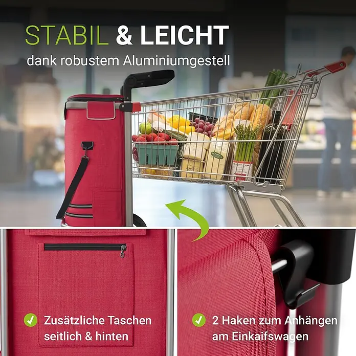 Juskys Einkaufstrolley Einkaufstrolley - L x B x H: 43 x 37 x 98 cm, Traglast: 30 kg, rot - Rote Kühltasche mit Aluminiumrahmen, am Einkaufswagen befestigt, zeigt zusätzliche Taschen und Haken.