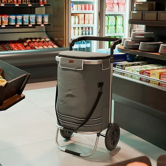 Juskys Einkaufstrolley Einkaufstrolley - L x B x H: 43 x 37 x 98 cm, Traglast: 30 kg, grau - Grauer Einkaufstrolley mit Kühlfunktion im Supermarkt.