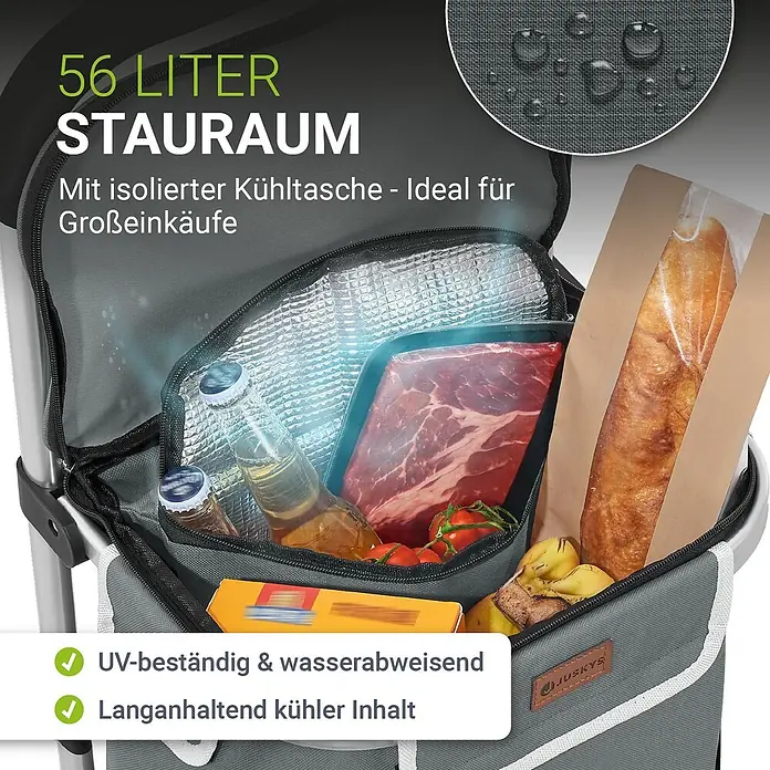 Juskys Einkaufstrolley Einkaufstrolley - L x B x H: 43 x 37 x 98 cm, Traglast: 30 kg, grau - Graue isolierte Einkaufstasche gefüllt mit Lebensmitteln, betont ihre Kühl- und wasserabweisenden Eigenschaften.