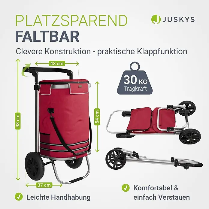 Juskys Einkaufstrolley Einkaufstrolley - L x B x H: 43 x 37 x 98 cm, Traglast: 30 kg, rot - Roter faltbarer Einkaufstrolley, 98x43x37 cm (ausgeklappt), 30 kg Tragkraft, gefaltet und entfaltet dargestellt.