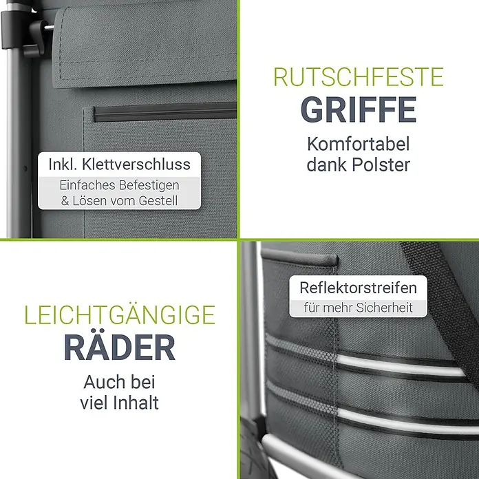 Juskys Einkaufstrolley Einkaufstrolley - L x B x H: 43 x 37 x 98 cm, Traglast: 30 kg, grau - Detailansicht einer grauen Einkaufswagentasche mit Klettverschluss, Reflektorstreifen, gepolsterten Griffen und leichtgängigen Rädern.