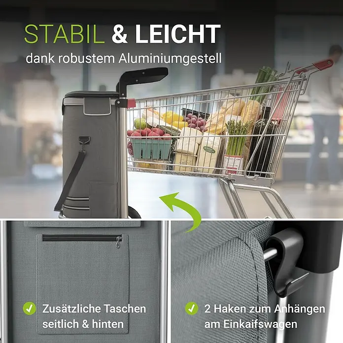 Juskys Einkaufstrolley Einkaufstrolley - L x B x H: 43 x 37 x 98 cm, Traglast: 30 kg, grau - Grauer Einkaufstrolley mit robustem Aluminiumgestell, an Einkaufswagen befestigt, zeigt Taschen und Haken.