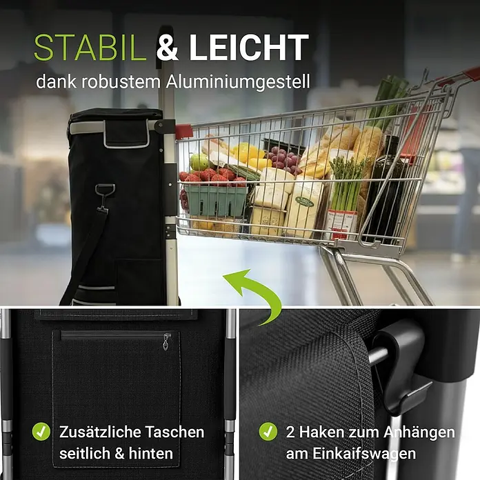 Juskys Einkaufstrolley Einkaufstrolley - L x B x H: 43 x 37 x 98 cm, Traglast: 30 kg, schwarz - Schwarze Einkaufstrolley-Tasche mit robustem Aluminiumgestell, am Einkaufswagen befestigt. Mit zusätzlichen Seiten- und Rücktaschen und Haken.