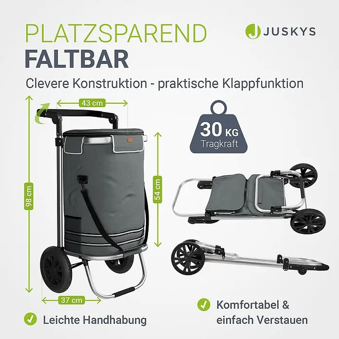 Juskys Einkaufstrolley Einkaufstrolley - L x B x H: 43 x 37 x 98 cm, Traglast: 30 kg, grau - Grauer, faltbarer Einkaufstrolley mit Rollen, aufrecht mit Maßen und zusammengeklappt zur Lagerung dargestellt.