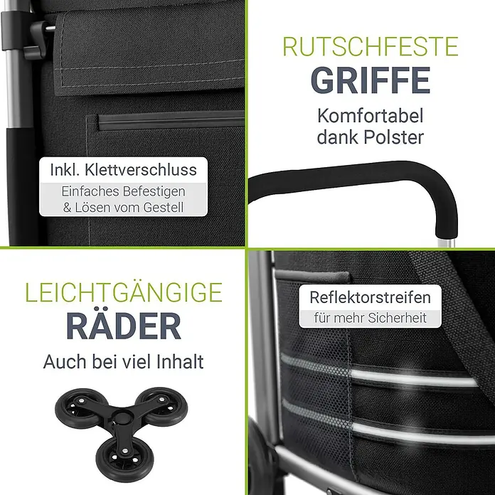 Juskys Einkaufstrolley Einkaufstrolley - L x B x H: 43 x 37 x 98 cm, Traglast: 30 kg, schwarz - Schwarzer Einkaufstrolley mit rutschfesten Griffen, Klettverschluss, leichtgängigen Dreifachrädern und Reflektorstreifen.
