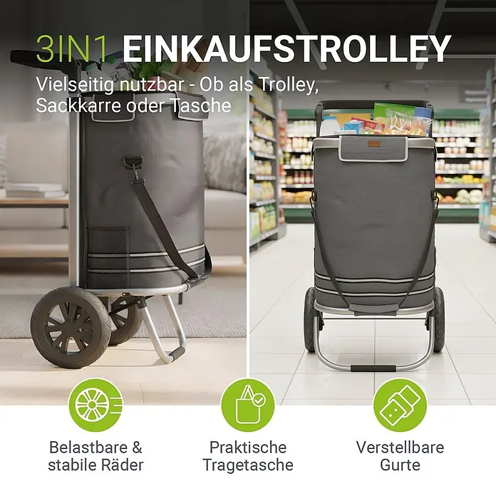 Juskys Einkaufstrolley Einkaufstrolley - L x B x H: 43 x 37 x 98 cm, Traglast: 30 kg, grau - Dunkelgrauer 3-in-1 Einkaufstrolley, als Trolley und Sackkarre gezeigt, mit Lebensmitteln. Hervorgehoben werden robuste Räder, praktische Tasche und verstellbare Gurte.