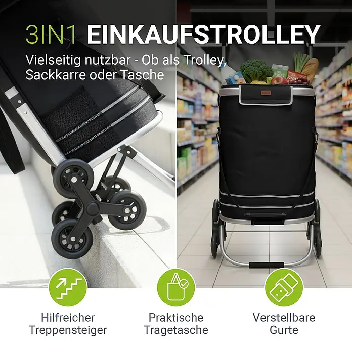 Juskys Einkaufstrolley Einkaufstrolley - L x B x H: 43 x 37 x 98 cm, Traglast: 30 kg, schwarz - Schwarzer 3-in-1 Einkaufstrolley mit Treppensteiger-Rädern, gefüllt mit Lebensmitteln und vielseitig als Sackkarre oder Tasche.