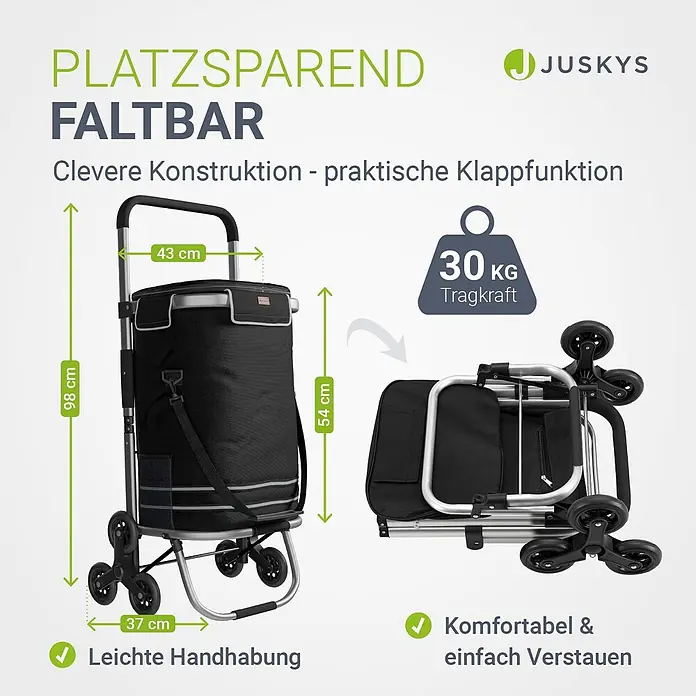 Juskys Einkaufstrolley Einkaufstrolley - L x B x H: 43 x 37 x 98 cm, Traglast: 30 kg, schwarz - Klappbarer Einkaufstrolley mit 30 kg Tragkraft, schwarz, Maße 98x43x37 cm (ausgeklappt).