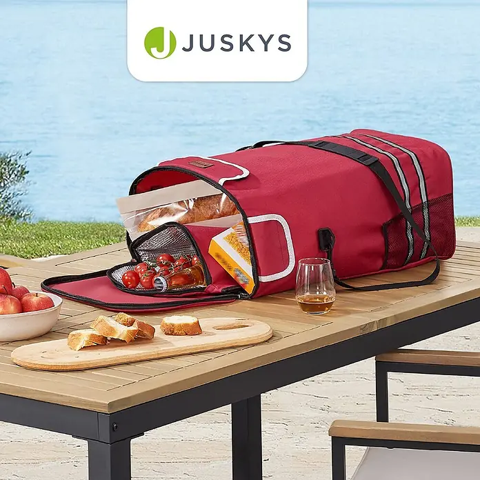 Juskys Einkaufstrolley Einkaufstrolley - L x B x H: 43 x 37 x 98 cm, Traglast: 30 kg, rot - Rote Picknick-Kühltasche aus Stoff, offen auf einem Gartentisch, gefüllt mit Speisen und Getränken, für ein Essen im Freien.