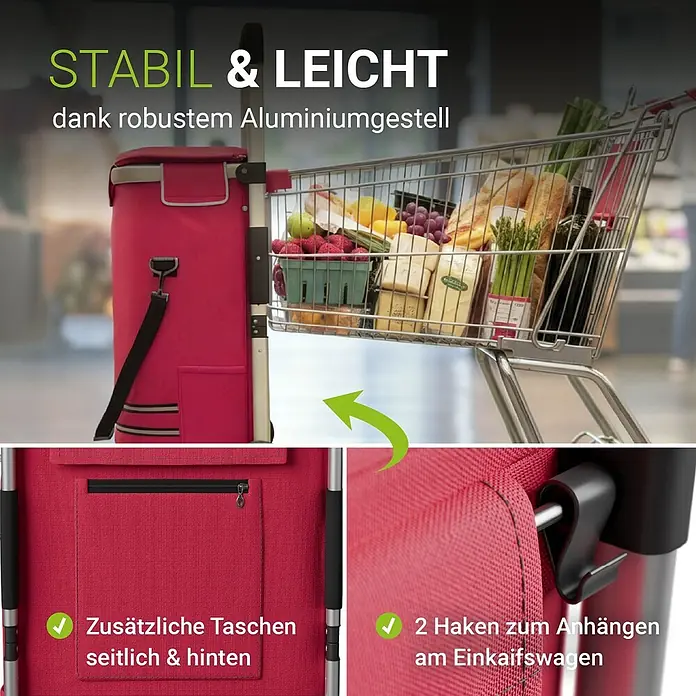 Juskys Einkaufstrolley Einkaufstrolley - L x B x H: 43 x 37 x 98 cm, Traglast: 30 kg, rot - Roter Einkaufstrolley aus Stoff mit robustem Aluminiumgestell, an einem Einkaufswagen befestigt. Mit Seiten- und Rückentaschen sowie Haken zur Befestigung.