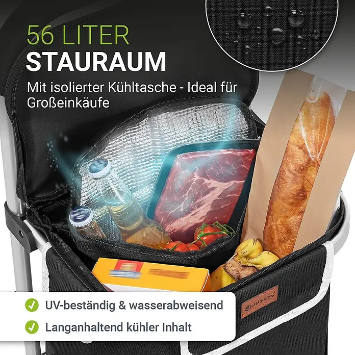 Juskys Einkaufstrolley Einkaufstrolley - L x B x H: 43 x 37 x 98 cm, Traglast: 30 kg, schwarz - Schwarze Einkaufstasche mit 56 Litern Fassungsvermögen und isoliertem Kühlfach, gefüllt mit Lebensmitteln wie Fleisch und Getränken.