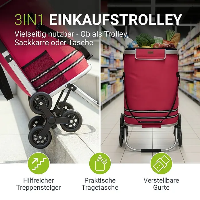 Juskys Einkaufstrolley Einkaufstrolley - L x B x H: 43 x 37 x 98 cm, Traglast: 30 kg, rot - Roter 3-in-1 Einkaufstrolley mit Treppensteiger-Rädern, beim Treppensteigen und mit Lebensmitteln gefüllt.