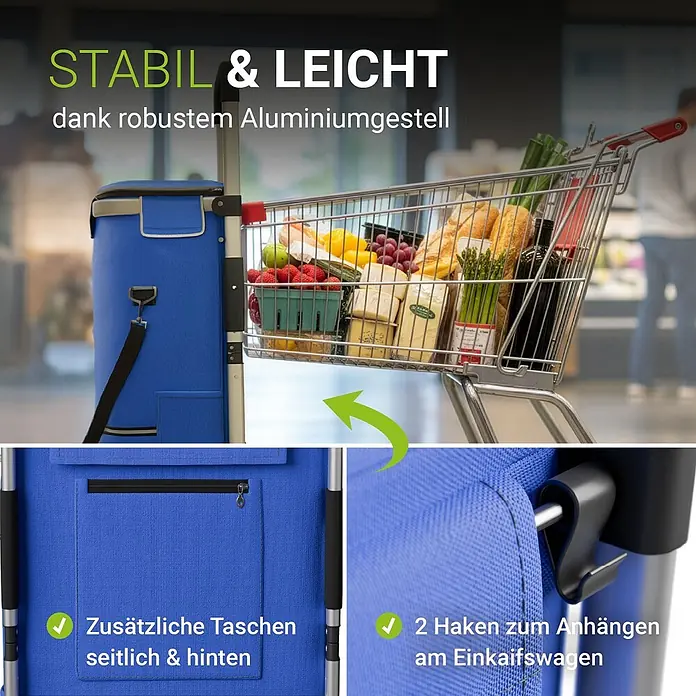 Juskys Einkaufstrolley Einkaufstrolley - L x B x H: 43 x 37 x 98 cm, Traglast: 30 kg, blau - Blaue Einkaufstrolley-Tasche mit robustem Aluminiumgestell neben einem Einkaufswagen, mit Zusatzfächern und Befestigungshaken.