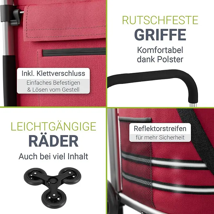 Juskys Einkaufstrolley Einkaufstrolley - L x B x H: 43 x 37 x 98 cm, Traglast: 30 kg, rot - Roter Einkaufstrolley mit rutschfesten Griffen, Klettverschluss, leichtgängigen Rädern und reflektierenden Streifen für Sicherheit.