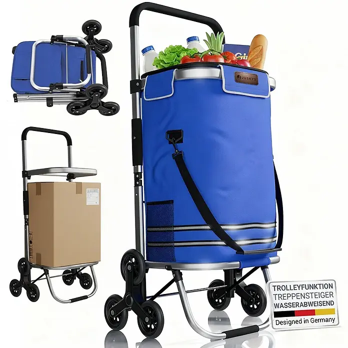 Juskys Einkaufstrolley Einkaufstrolley - L x B x H: 43 x 37 x 98 cm, Traglast: 30 kg, blau - Blauer faltbarer Einkaufstrolley mit Treppensteiger-Rädern, als Sackkarre nutzbar. Mit wasserabweisender Tasche, gefüllt mit Lebensmitteln.