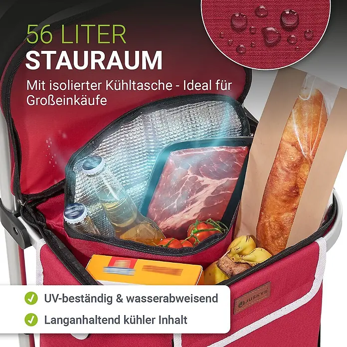 Juskys Einkaufstrolley Einkaufstrolley - L x B x H: 43 x 37 x 98 cm, Traglast: 30 kg, rot - Rote isolierte Einkaufstasche (56 Liter) mit Kühlfach, gefüllt mit Lebensmitteln.
