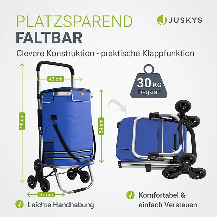 Juskys Einkaufstrolley Einkaufstrolley - L x B x H: 43 x 37 x 98 cm, Traglast: 30 kg, blau - Blauer, faltbarer Einkaufstrolley mit Rädern und 30 kg Tragkraft.