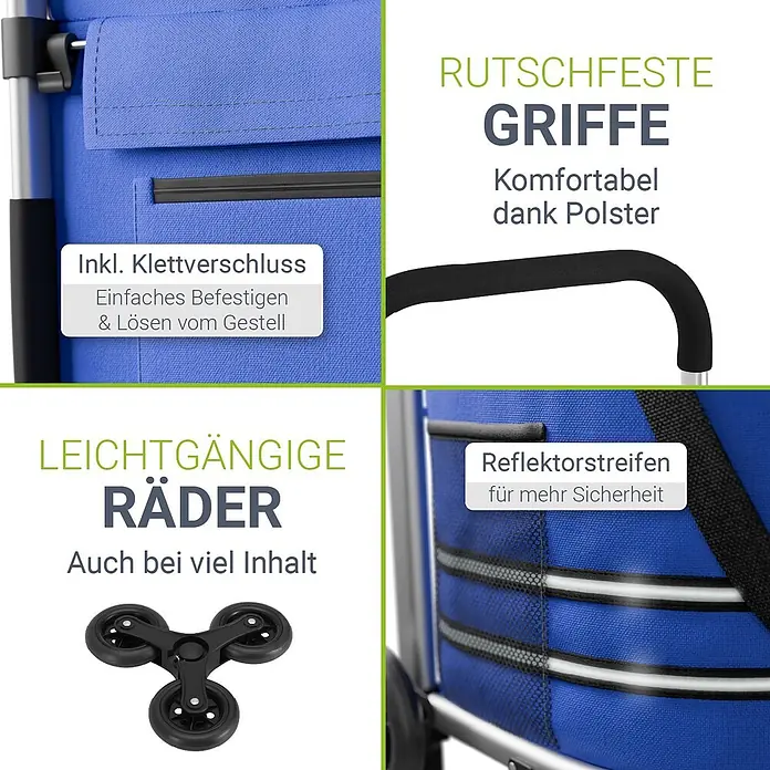 Juskys Einkaufstrolley Einkaufstrolley - L x B x H: 43 x 37 x 98 cm, Traglast: 30 kg, blau - Blaue Einkaufswagentasche mit Klettverschluss, gepolsterten Griffen, leichtgängigen Dreifachrädern und Reflektorstreifen.
