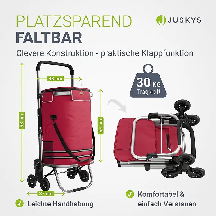 Juskys Einkaufstrolley Einkaufstrolley - L x B x H: 43 x 37 x 98 cm, Traglast: 30 kg, rot - Roter, platzsparender Einkaufstrolley mit Klappfunktion, zusammengefaltet und aufgebaut gezeigt.