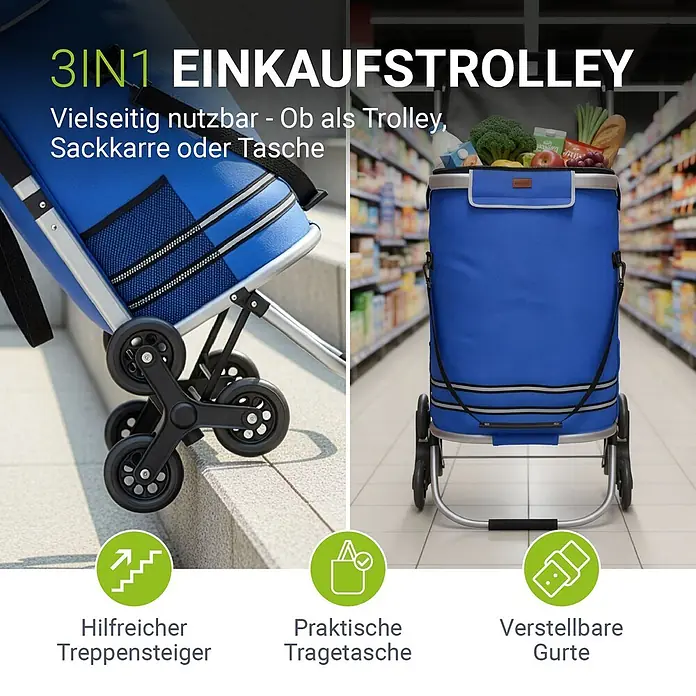 Juskys Einkaufstrolley Einkaufstrolley - L x B x H: 43 x 37 x 98 cm, Traglast: 30 kg, blau - Blauer 3-in-1 Einkaufstrolley mit Treppensteiger-Rädern, als Sackkarre oder Tragetasche verwendbar.