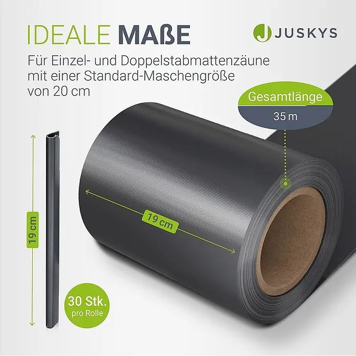 Juskys Sichtschutzelement Sichtschutzstreifen - B x H: 3.500 x 19 cm, Kunststoff, Anthrazit - Dunkelgrauer Sichtschutzstreifen, 19 cm breit, 35 m Rolle, mit 30 Befestigungsklammern für Stabmattenzäune.