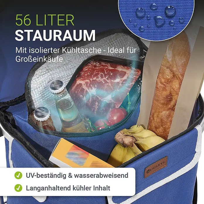 Juskys Einkaufstrolley Einkaufstrolley - L x B x H: 43 x 37 x 98 cm, Traglast: 30 kg, blau - Große blaue Kühltasche für Einkäufe, gefüllt mit Lebensmitteln, isoliertem Fach und wasserabweisend.