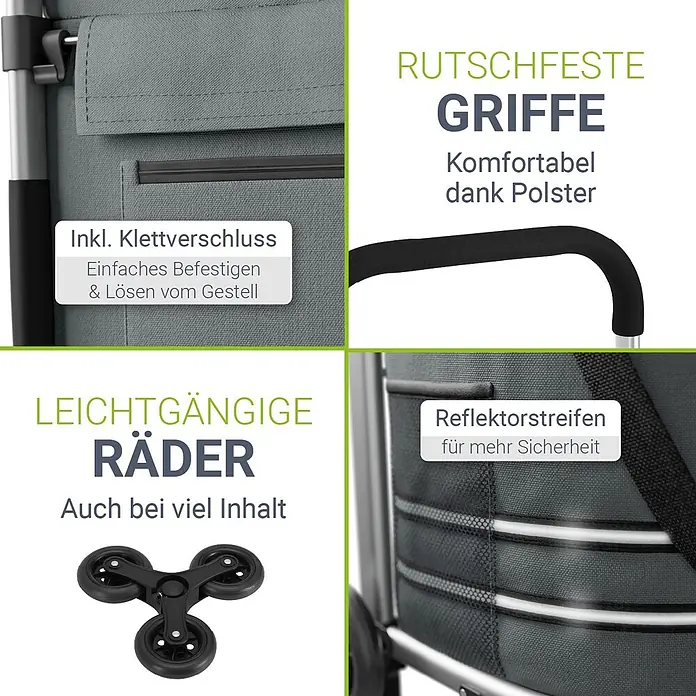 Juskys Einkaufstrolley Einkaufstrolley - L x B x H: 43 x 37 x 98 cm, Traglast: 30 kg, grau - Merkmale des grauen Produkts: Rutschfeste gepolsterte Griffe, Klettverschluss, leichtgängiges 3-Rad-System und Reflektorstreifen.
