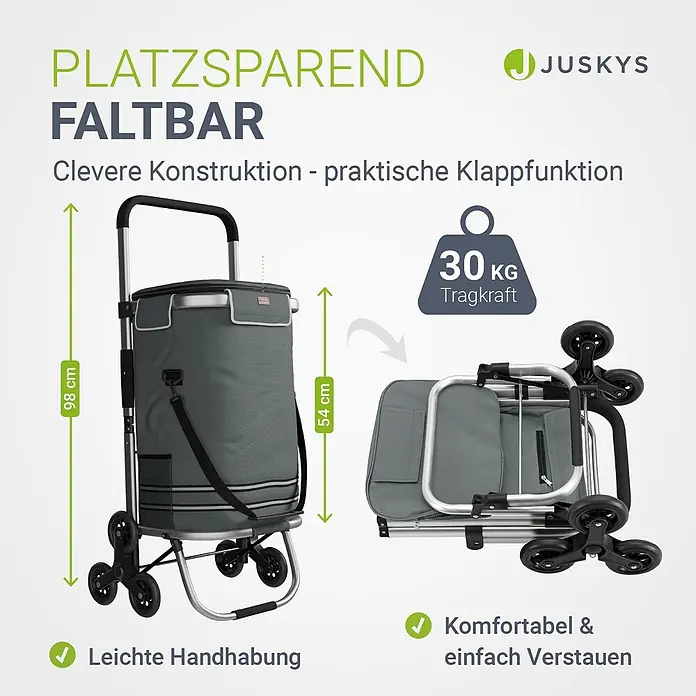 Juskys Einkaufstrolley Einkaufstrolley - L x B x H: 43 x 37 x 98 cm, Traglast: 30 kg, grau - Grauer faltbarer Einkaufstrolley, ungefaltet (98cm) und gefaltet (54cm) gezeigt, mit 30kg Tragkraft und platzsparendem Design.