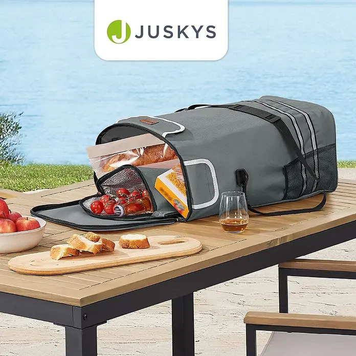 Juskys Einkaufstrolley Einkaufstrolley - L x B x H: 43 x 37 x 98 cm, Traglast: 30 kg, grau - Graue JUSKYS Kühltasche, offen auf Holztisch, gefüllt mit Essen und Getränken für ein Picknick.