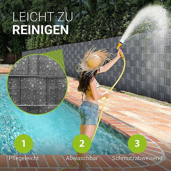 Juskys Sichtschutzelement Sichtschutzstreifen - B x H: 3.500 x 19 cm, Kunststoff, Anthrazit - Grauer, gerippter Sichtschutz, der mit einem Schlauch gereinigt wird und seine wasserabweisende, pflegeleichte Oberfläche zeigt.