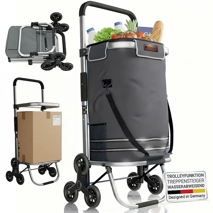 Juskys Einkaufstrolley Einkaufstrolley - L x B x H: 43 x 37 x 98 cm, Traglast: 30 kg, grau - Grauer, faltbarer Einkaufstrolley mit Treppensteiger-Radsystem, auch als Sackkarre dargestellt.