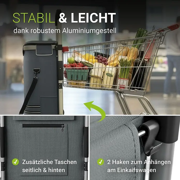 Juskys Einkaufstrolley Einkaufstrolley - L x B x H: 43 x 37 x 98 cm, Traglast: 30 kg, grau - Grauer Einkaufstrolley mit robustem Aluminiumgestell, der mit Haken an einem Einkaufswagen voller Lebensmittel befestigt ist, zeigt Stabilität und Zusatztaschen.