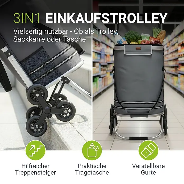 Juskys Einkaufstrolley Einkaufstrolley - L x B x H: 43 x 37 x 98 cm, Traglast: 30 kg, grau - Grauer 3-in-1 Einkaufstrolley mit Treppensteiger-Rädern, als Wagen im Supermarkt und als Sackkarre auf Stufen gezeigt.