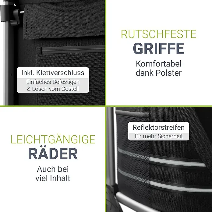 Juskys Einkaufstrolley Einkaufstrolley - L x B x H: 43 x 37 x 98 cm, Traglast: 30 kg, schwarz - Schwarze Textiltasche mit Klettverschluss, rutschfesten gepolsterten Griffen, leichtgängigen Rädern und reflektierenden Sicherheitsstreifen.