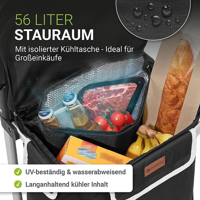 Juskys Einkaufstrolley Einkaufstrolley - L x B x H: 43 x 37 x 98 cm, Traglast: 30 kg, schwarz - Schwarze 56L Einkaufswagentasche mit isoliertem Kühlfach, gefüllt mit Lebensmitteln wie Fleisch und Getränken. UV-beständig und wasserabweisend.