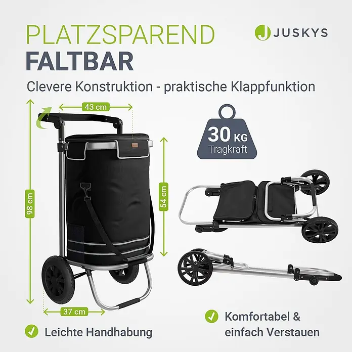 Juskys Einkaufstrolley Einkaufstrolley - L x B x H: 43 x 37 x 98 cm, Traglast: 30 kg, schwarz - Schwarzer faltbarer Einkaufstrolley mit silbernem Rahmen, aufrecht und zusammengeklappt gezeigt, mit 30 kg Tragkraft.