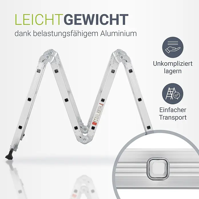 Juskys Doppelleiter Multifunktionsleiter - Anzahl Tritte: 16 Stk., Arbeitshöhe: 3,6 m, Belastbarkeit: 150 kg, Metall - Klappbare Aluminium-Mehrzweckleiter, leicht für einfache Lagerung und Transport. Zeigt Gelenkmechanismus und Sprosse.