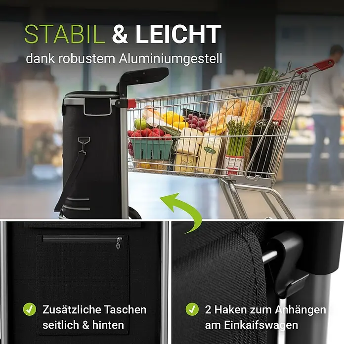 Juskys Einkaufstrolley Einkaufstrolley - L x B x H: 43 x 37 x 98 cm, Traglast: 30 kg, schwarz - Schwarze Rollkühltasche mit robustem Aluminiumgestell, am Einkaufswagen befestigt, mit Seiten-/Rücktaschen und Befestigungshaken.