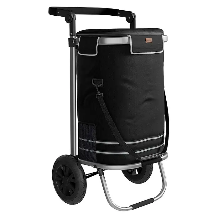 Juskys Einkaufstrolley Einkaufstrolley - L x B x H: 43 x 37 x 98 cm, Traglast: 30 kg, schwarz - Schwarzer faltbarer Einkaufstrolley mit großen schwarzen Rädern, silbernem Rahmen und reflektierenden Streifen.